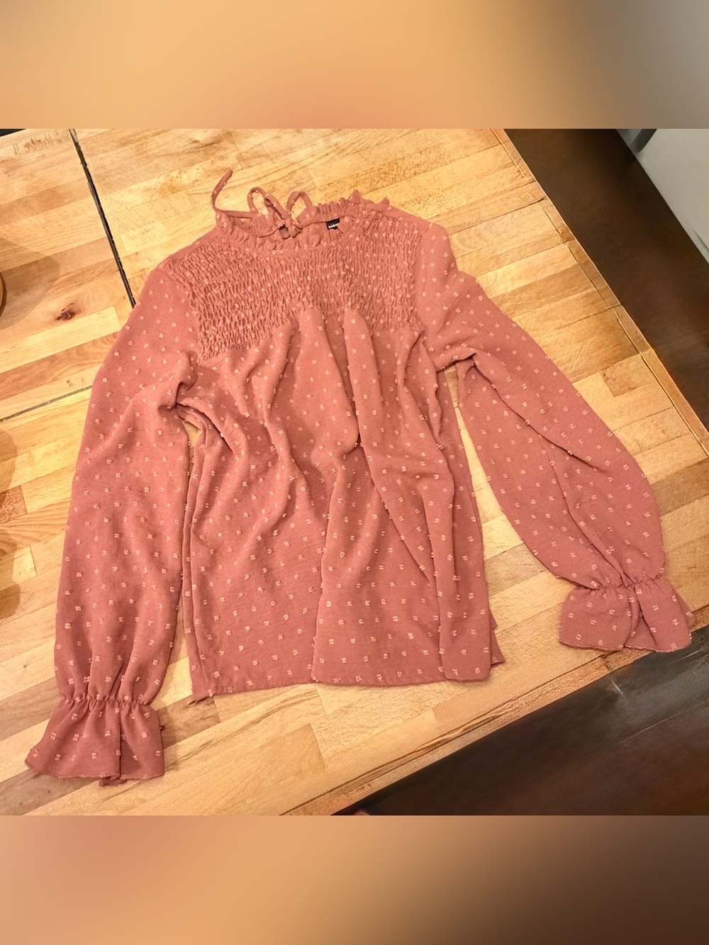Smocked Dot-Print Long Sleeve Blouse - Dusty Rose Medium